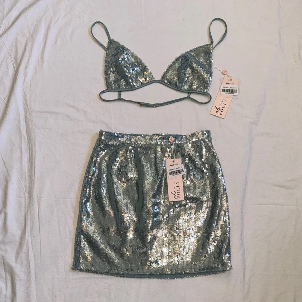 Oh Polly teal blue Sequin Bralette and Skirt Set - Picture 2 of 10